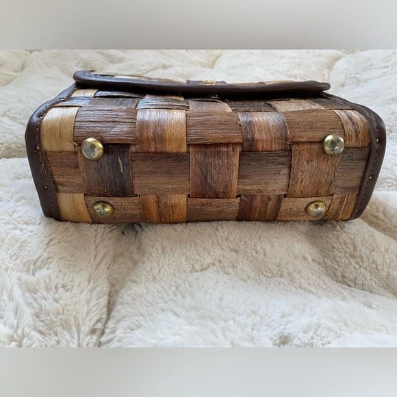 Woven Wood & Leather Brown Vintage Purse with Burlap Linen Lining EUC - Picture 6 of 10